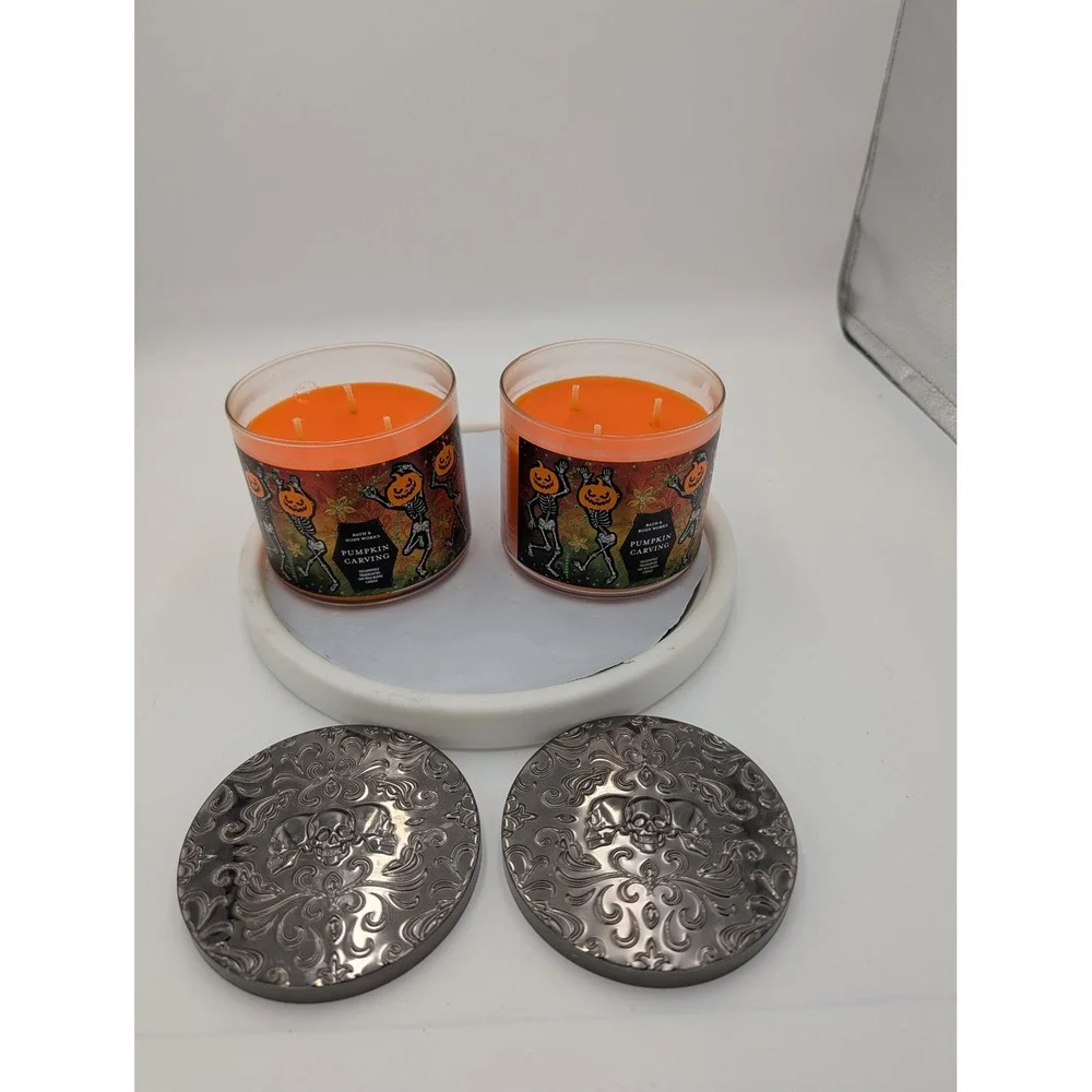 Bath & Body Works Pumpkin Carving 3 Wick Candle Set of 2‎ Halloween Skull Lids